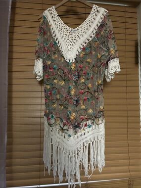 Asha Fringe Floral Sheer Beach cover- White Crochet & Multicolor Embroidery